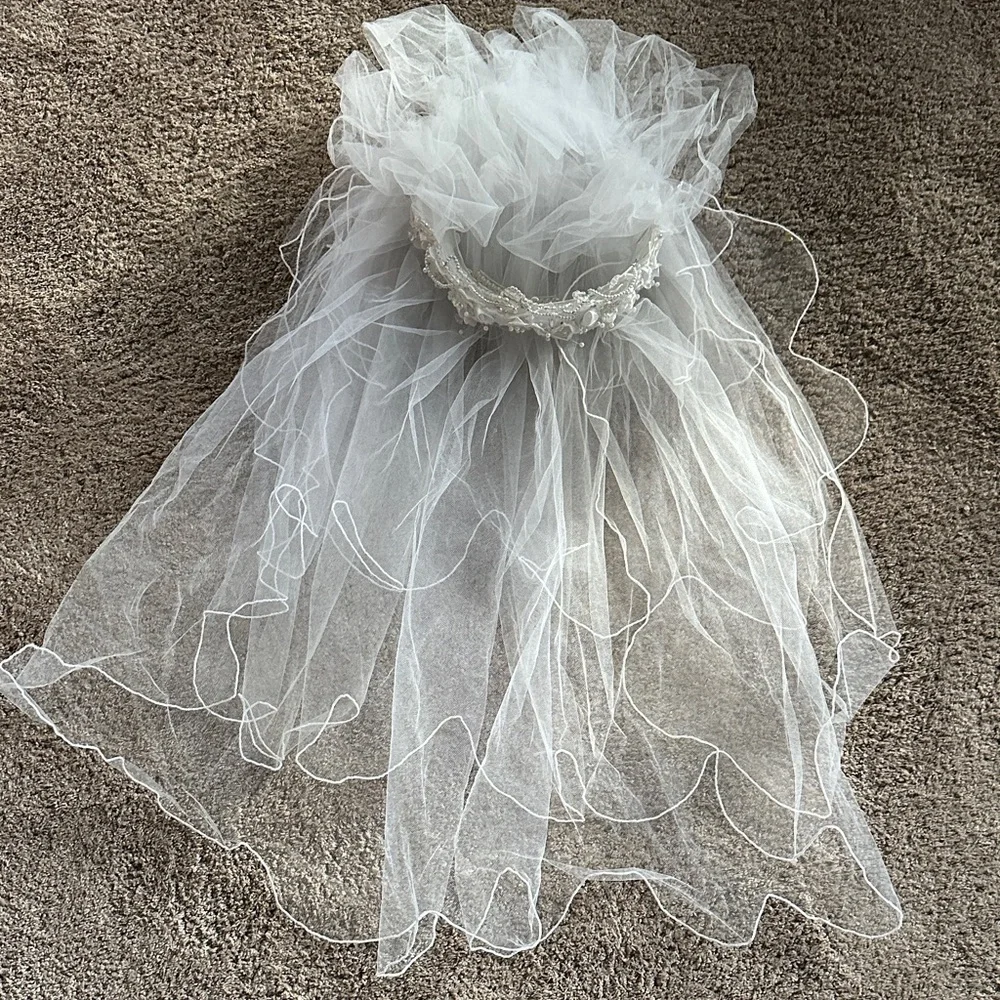 White Beaded Bridal Veil with Floral Applique